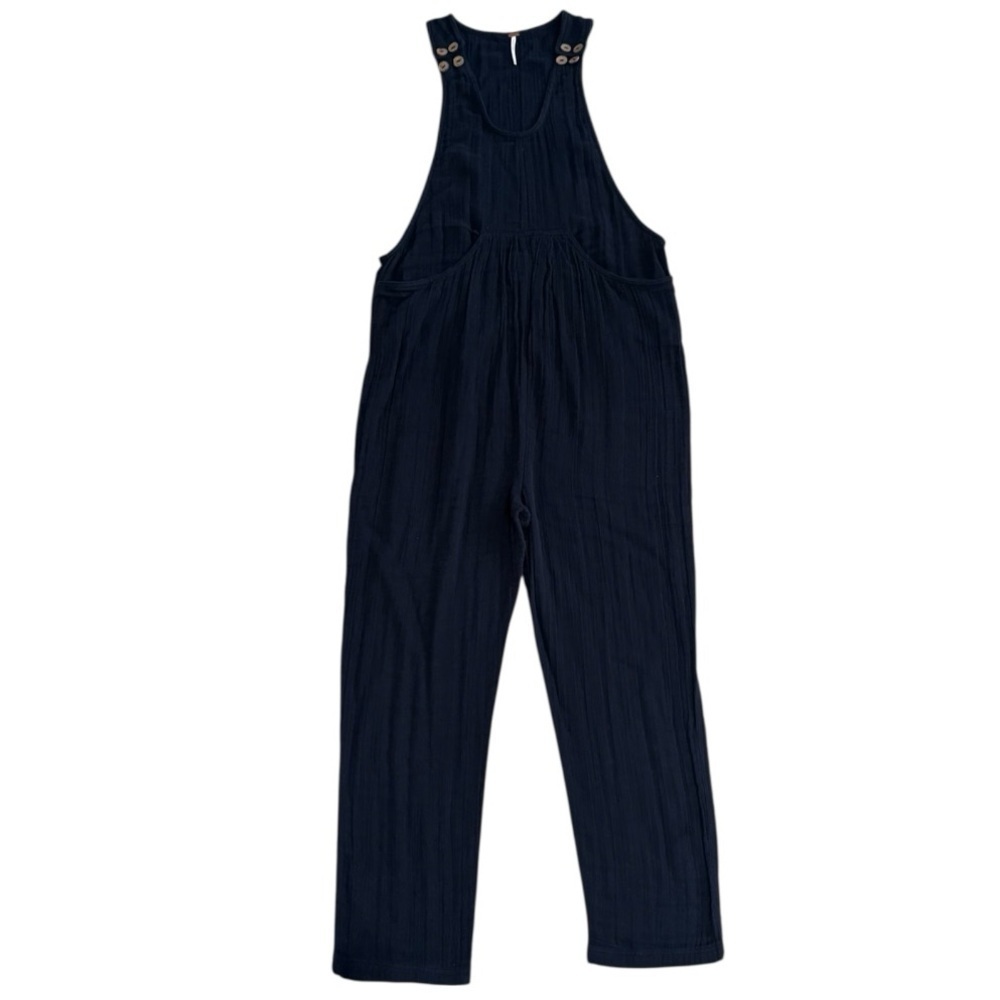 FREE PEOPLE FP Black Jumpsuit Size S Wooden Buttons Boho Overalls Relaxed Fit